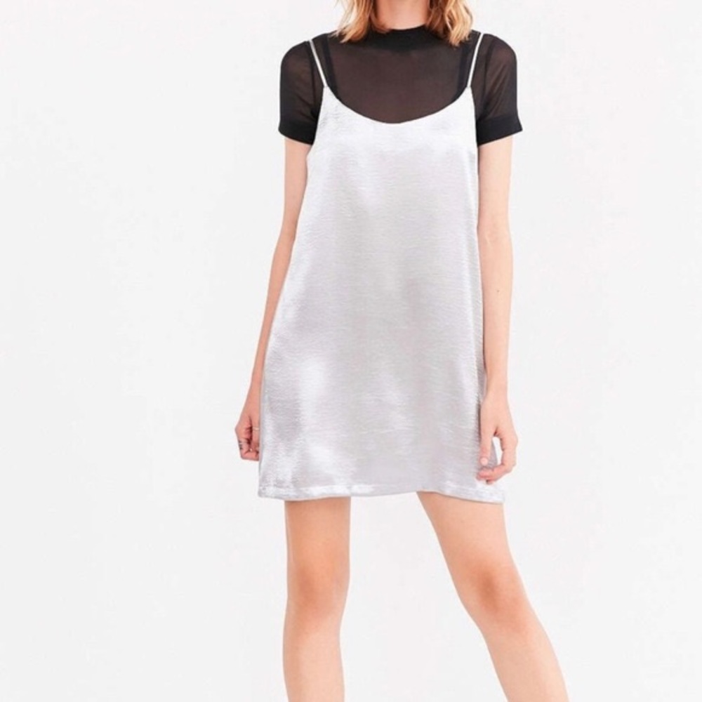 Metallic silver silky strappy mini dress